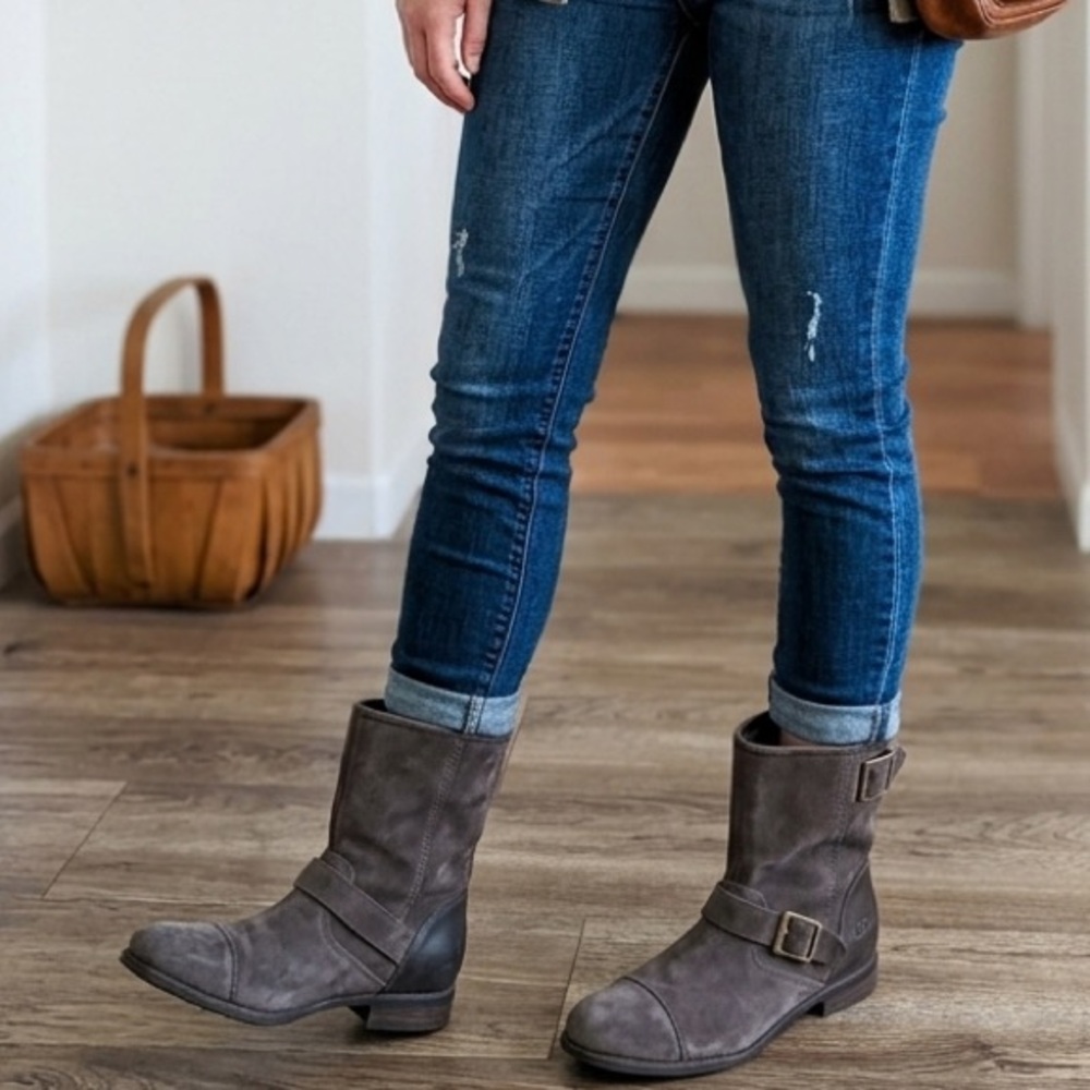 Ugg Gray Suede Buckle Ankle Boots Sz 9.5